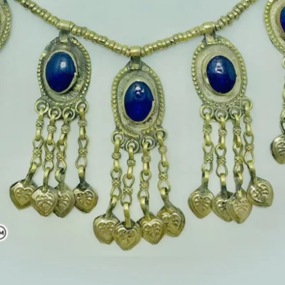 Beaded Chain Choker Necklace With Dangling Tassels and Blue Stone, Tribal Light - Picture 8 of 10